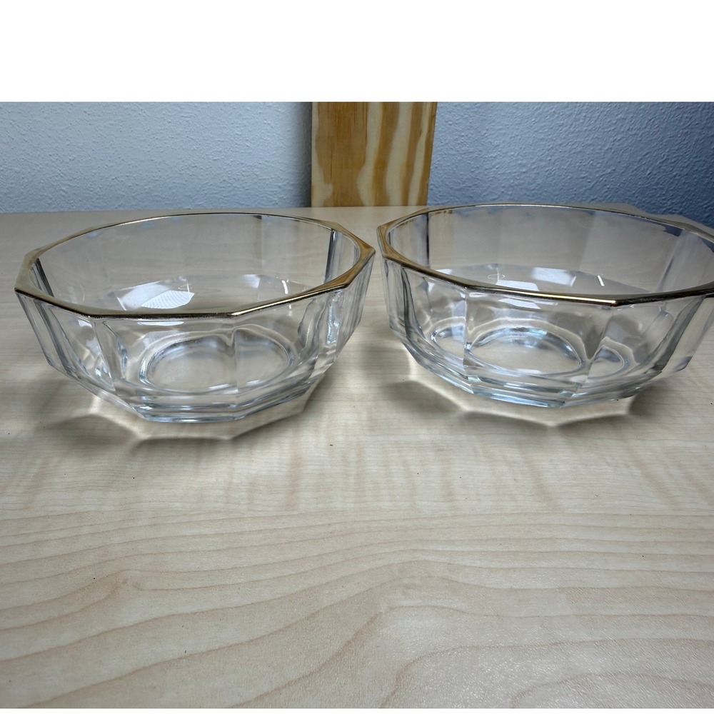 Vtg Italian Glass Bowls Gold Rim Decagon Faceted Set trinket dish jewelry holder